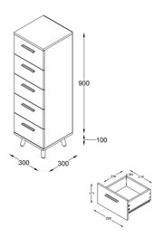 Technische isometrische Zeichnung eines schmalen Schubladenschranks mit 5 Schubladen und Griffen auf Füßen, Maße ca. 300 x 300 mm Grundfläche und 900 mm Korpus plus 100 mm Fußhöhe; Ansicht in schräger Perspektive von vorne links, zusätzlich Detailansicht 