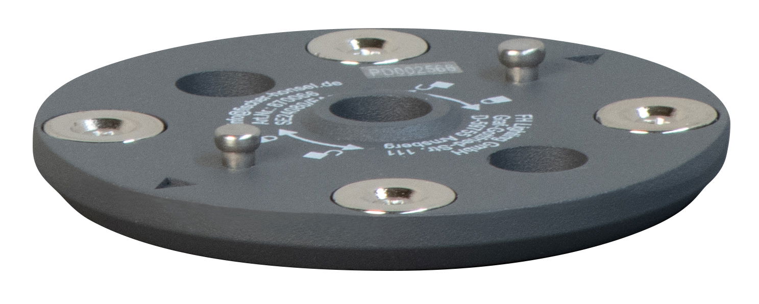 Runder Plattenhalter mit mehreren Befestigungspunkten und Beschriftungen, seitliche Perspektive