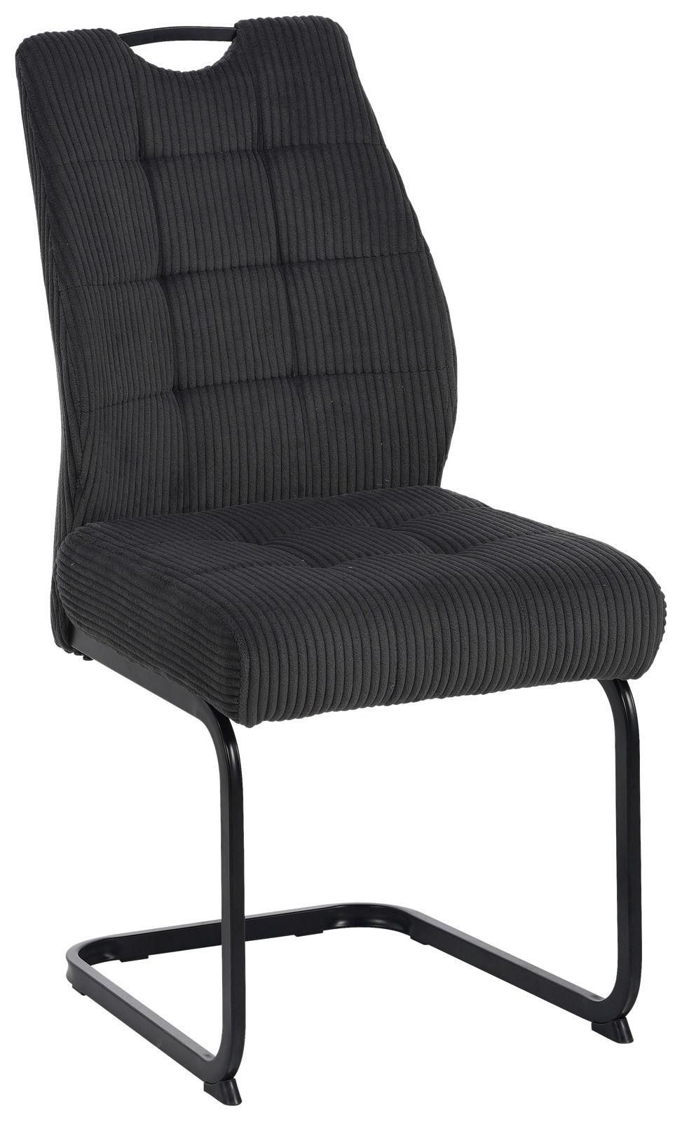 Schwarzer Schwingstuhl mit gestepptem Stoffbezug und Metallgestell, seitliche Perspektive