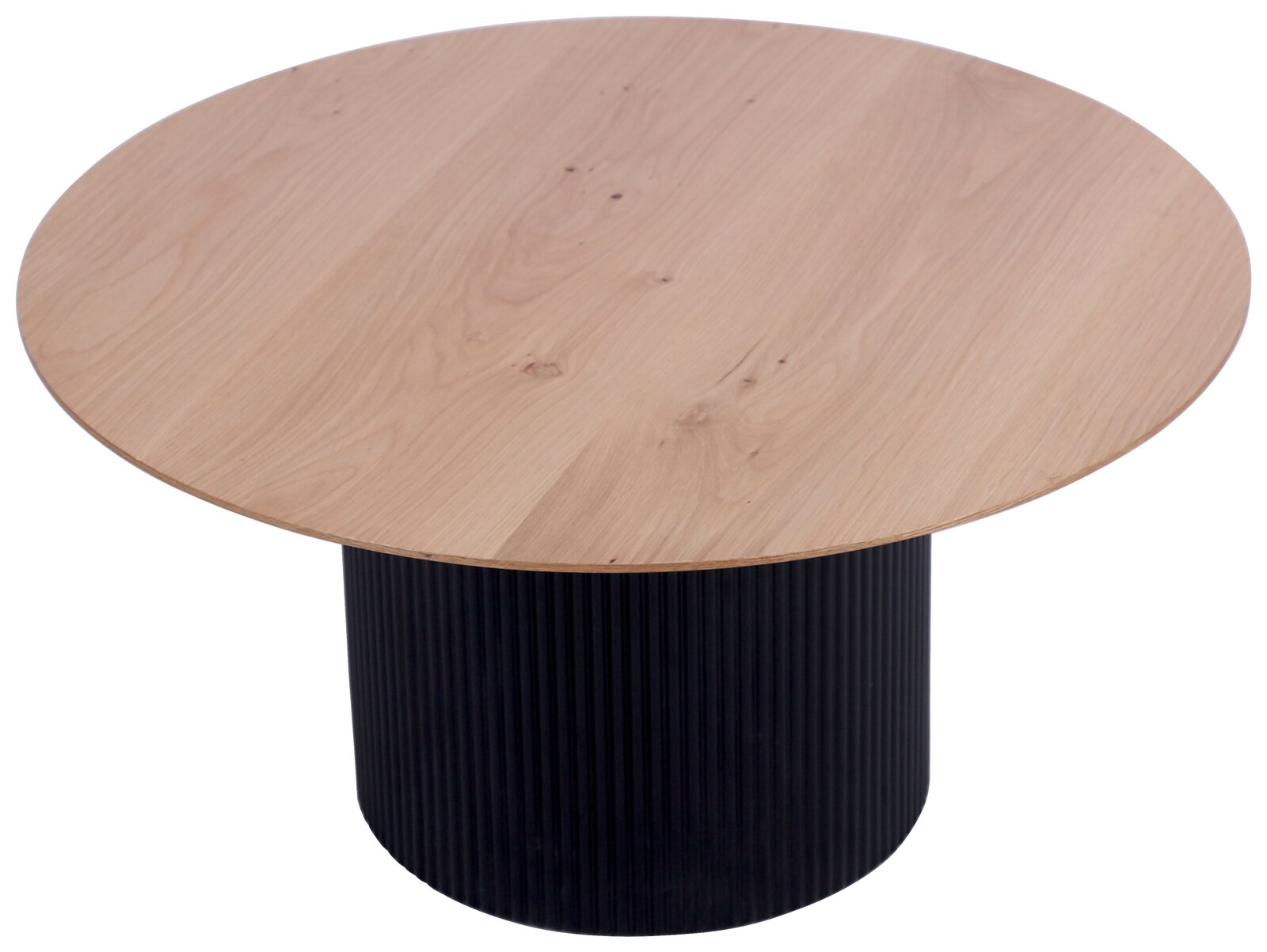 Runder Couchtisch mit heller Holzplatte und schwarzem, geriffeltem Sockel, aus seitlicher Perspektive.