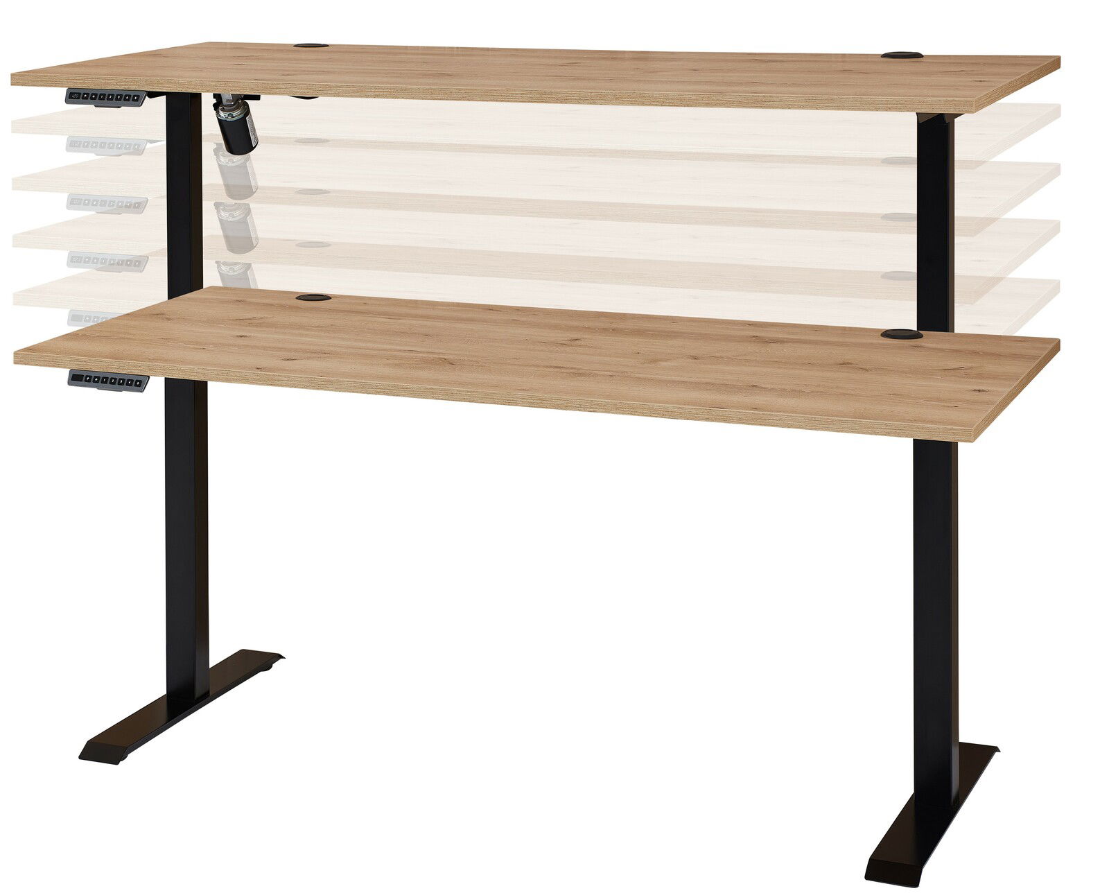 Höhenverstellbarer E-Schreibtisch mit Furnieroberfläche, seitliche Perspektive