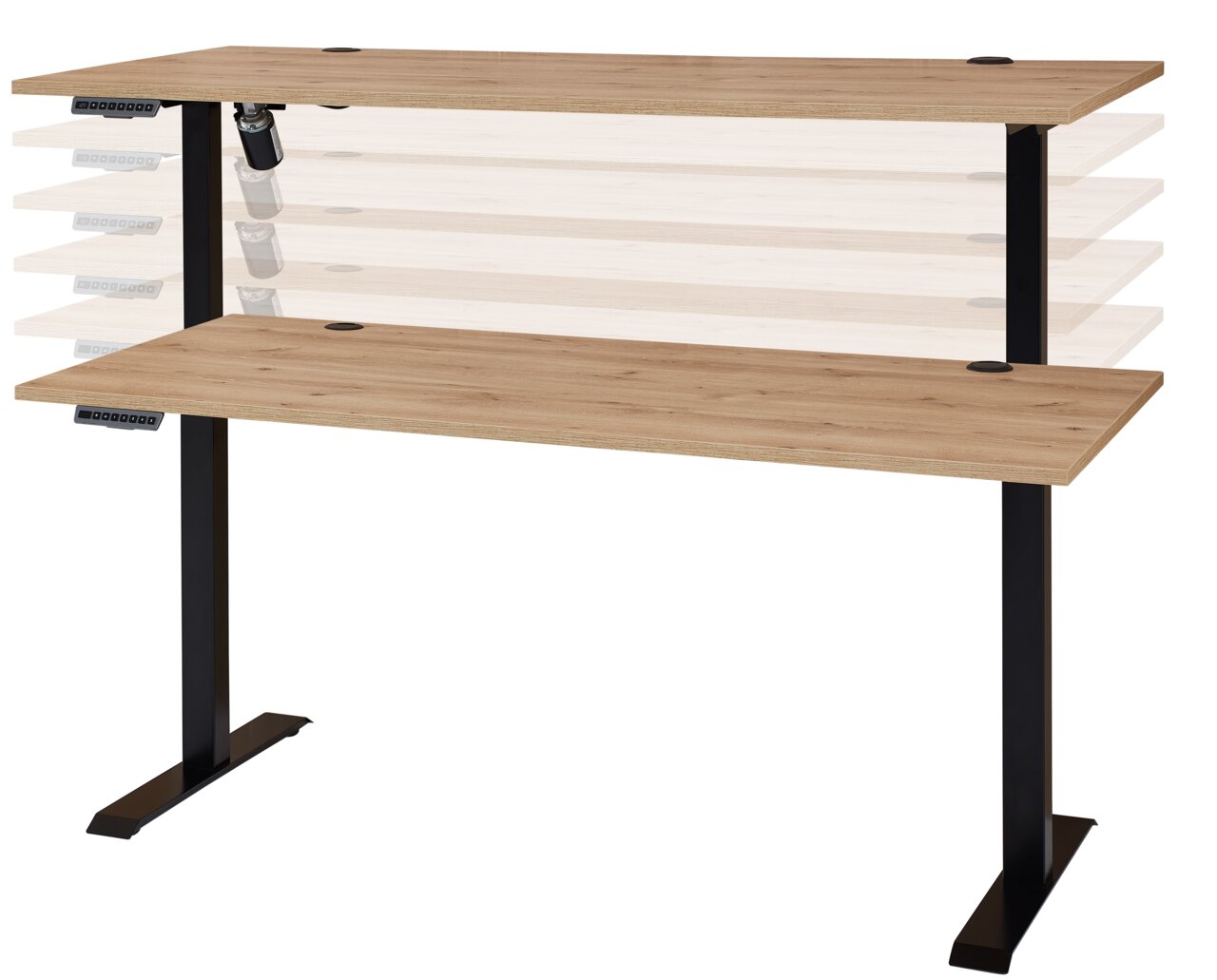 Höhenverstellbarer E-Schreibtisch mit Furnieroberfläche, seitliche Perspektive