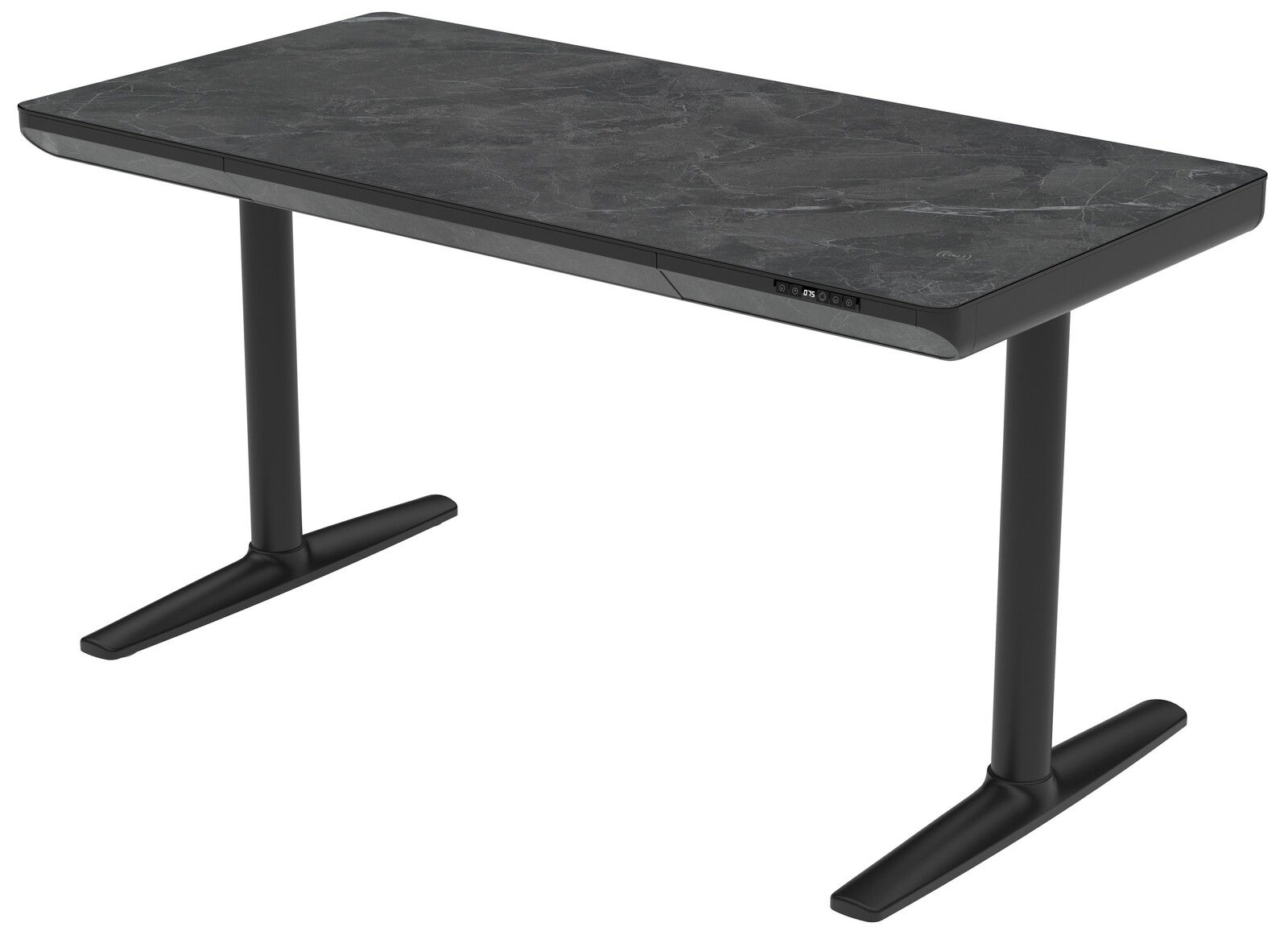 Moderner E-Schreibtisch mit dunkler Marmoroptik, seitliche Perspektive