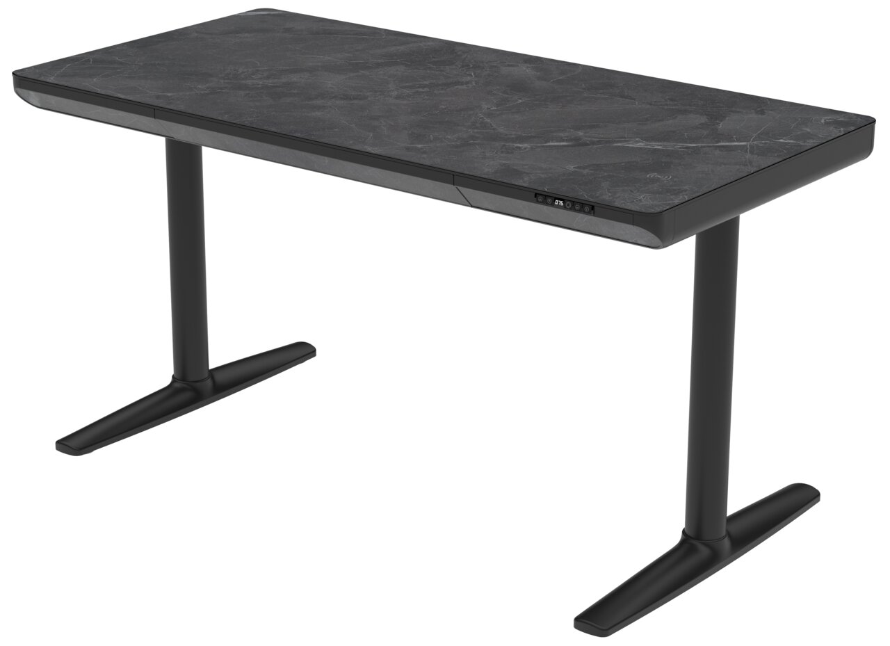 Novel E-Schreibtisch THEA 2 Moderner E-Schreibtisch mit dunkler Marmoroptik, seitliche Perspektive