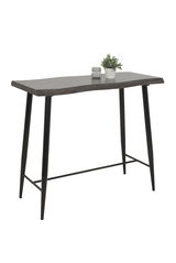 Moderner Bartisch mit schwarzer Tischplatte und schlanken, schwarzen Metallbeinen, seitliche Perspektive.