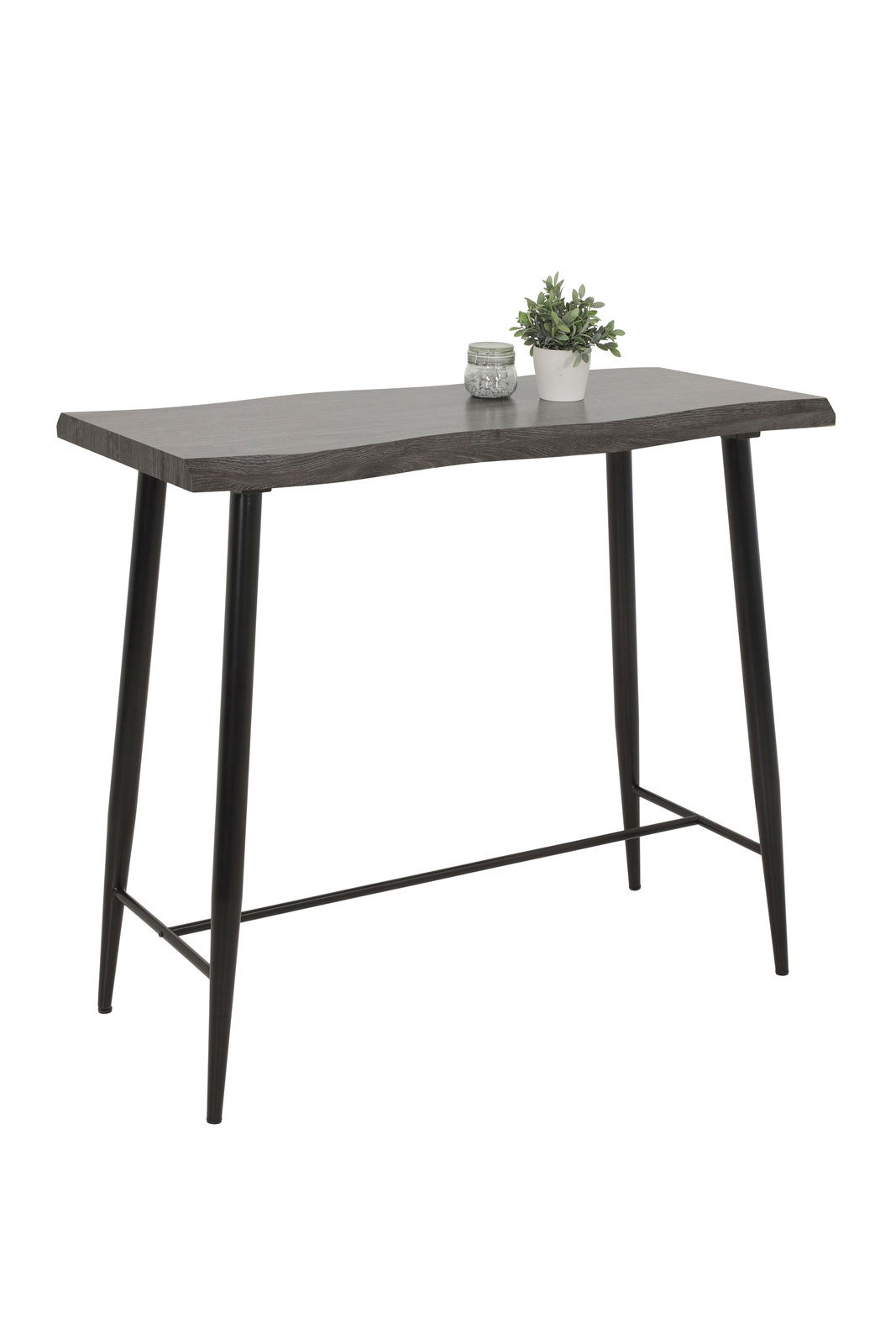 Moderner Bartisch mit schwarzer Tischplatte und schlanken, schwarzen Metallbeinen, seitliche Perspektive.