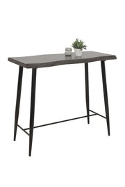 Moderner Bartisch mit schwarzer Tischplatte und schlanken, schwarzen Metallbeinen, seitliche Perspektive.