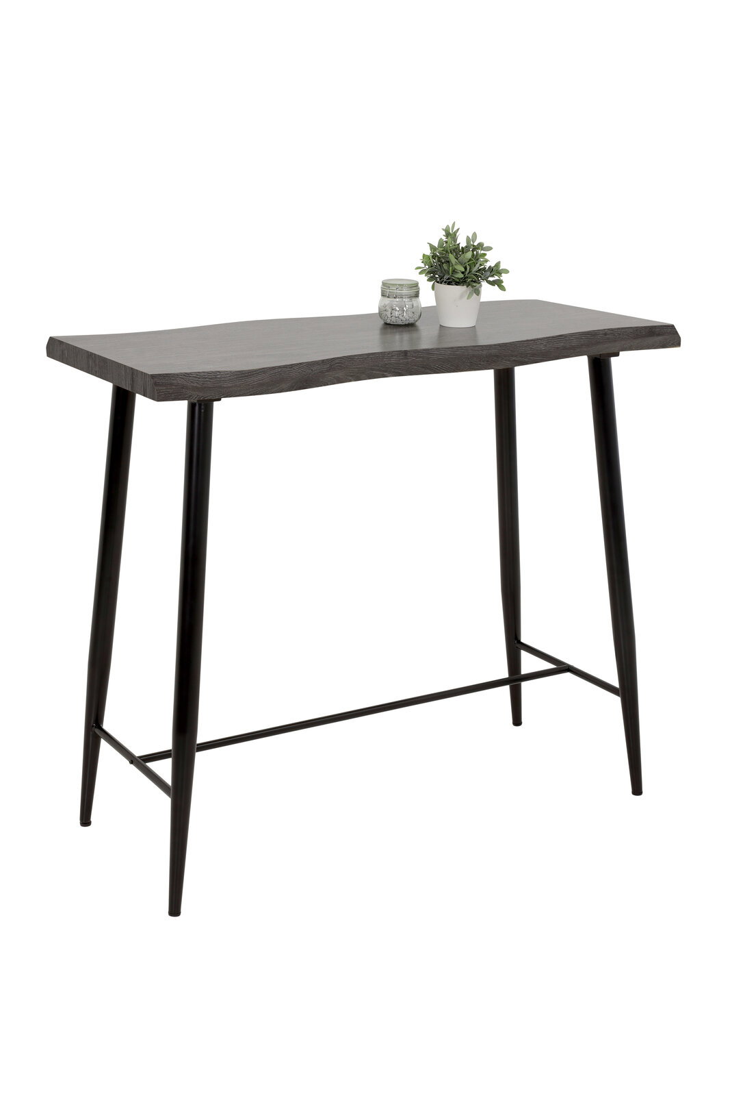 Moderner Bartisch mit schwarzer Tischplatte und schlanken, schwarzen Metallbeinen, seitliche Perspektive.