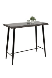 Moderner Bartisch mit schwarzer Tischplatte und schlanken, schwarzen Metallbeinen, seitliche Perspektive.