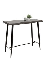 Moderner Bartisch mit schwarzer Tischplatte und schlanken, schwarzen Metallbeinen, seitliche Perspektive.