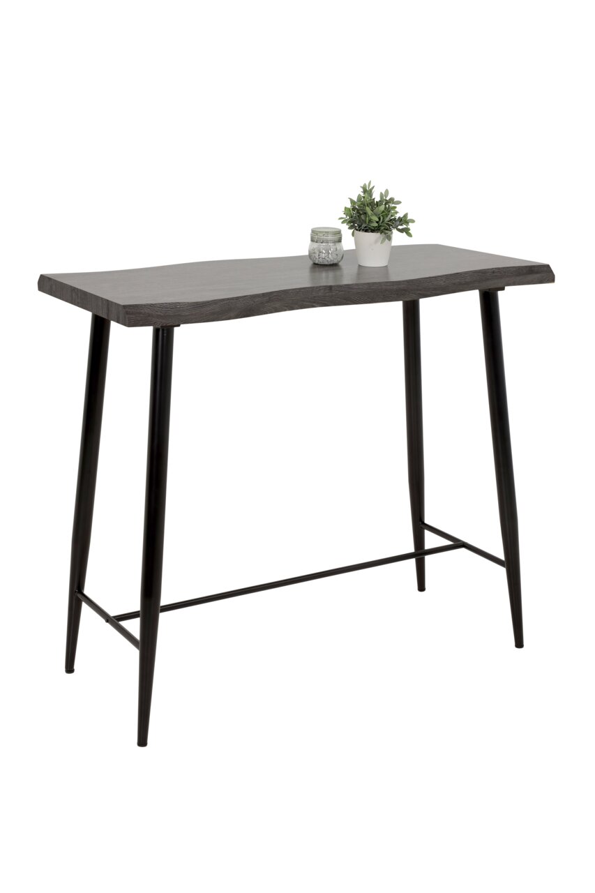 Moderner Bartisch mit schwarzer Tischplatte und schlanken, schwarzen Metallbeinen, seitliche Perspektive.