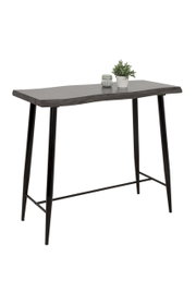 Moderner Bartisch mit schwarzer Tischplatte und schlanken, schwarzen Metallbeinen, seitliche Perspektive.