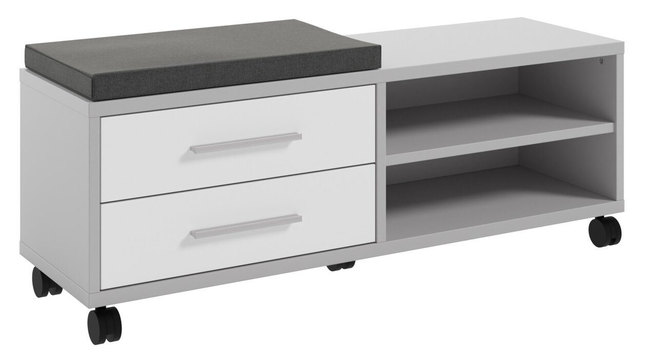 Sitz-Rollcontainer mit zwei Schubladen und zwei offenen Fächern, gepolsterte Sitzfläche, auf Rollen, seitliche Perspektive