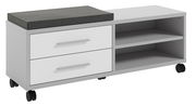 Sitz-Rollcontainer mit zwei Schubladen und zwei offenen Fächern, gepolsterte Sitzfläche, auf Rollen, seitliche Perspektive