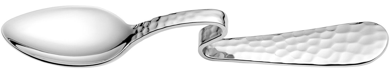 Gebogener Espressolöffel aus Edelstahl mit gehämmerter Oberfläche, seitliche Perspektive