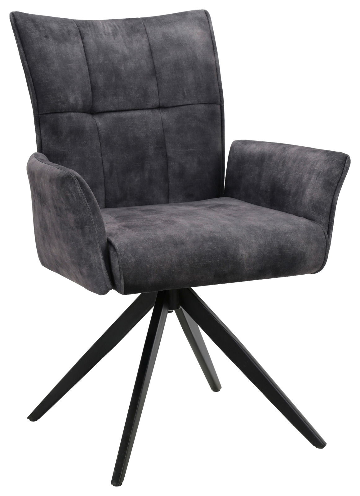 Hom´in Armlehnstuhl EDUARDO Grauer Armlehnstuhl mit gepolsterter Sitzfläche und Rückenlehne, auf schwarzem Metallgestell, seitliche Perspektive