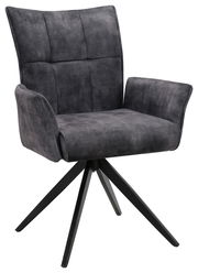 Grauer Armlehnstuhl mit gepolsterter Sitzfläche und Rückenlehne, auf schwarzem Metallgestell, seitliche Perspektive