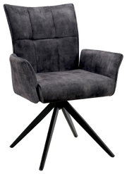 Grijze fauteuil met gestoffeerde zitting en rugleuning, op een zwart metalen onderstel, zijaanzicht