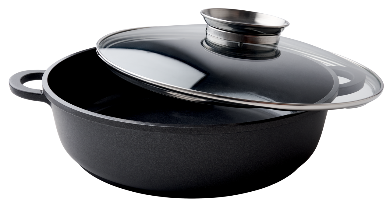 Alugussbräter mit Glasdeckel, seitliche Perspektive