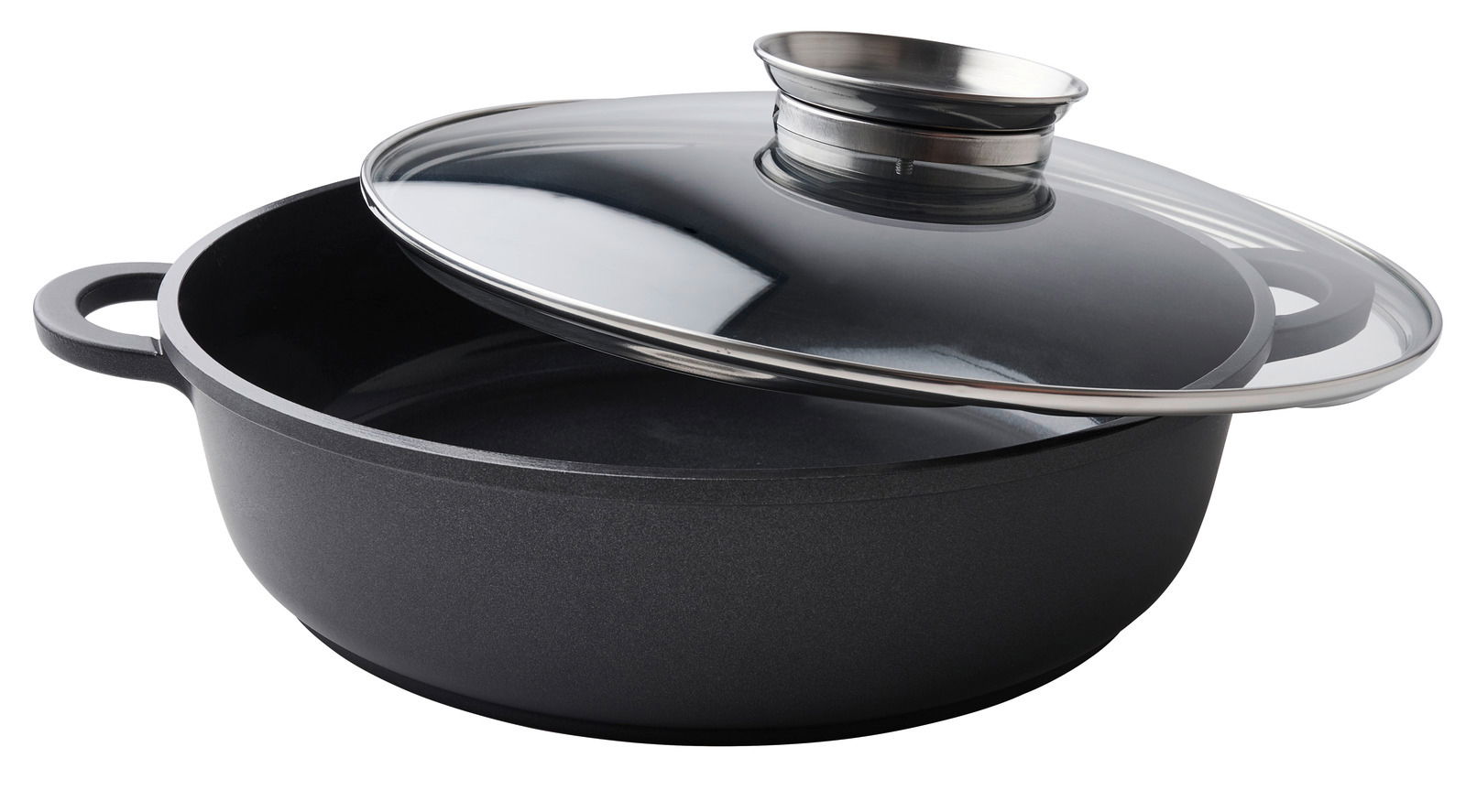 Alugussbräter mit Glasdeckel, seitliche Perspektive