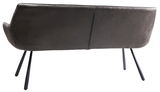 Rückansicht einer modernen Bank mit dunklem Stoffbezug und schlanken Metallbeinen.