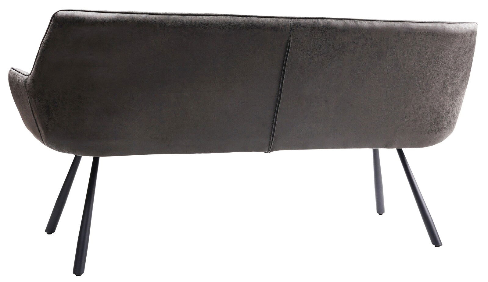 Rückansicht einer modernen Bank mit dunklem Stoffbezug und schlanken Metallbeinen.