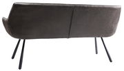 Rückansicht einer modernen Bank mit dunklem Stoffbezug und schlanken Metallbeinen.