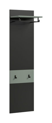 Moderne Wandgarderobe in Anthrazit mit hellgrauem Ablagebrett oben, Kleiderstange und zwei Haken, schräg von vorn dargestellt