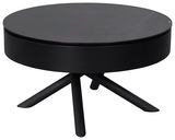 Runder schwarzer Couchtisch mit drei schrägen Beinen, seitliche Perspektive