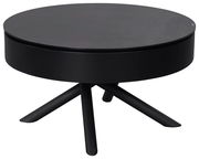 Runder schwarzer Couchtisch mit drei schrägen Beinen, seitliche Perspektive