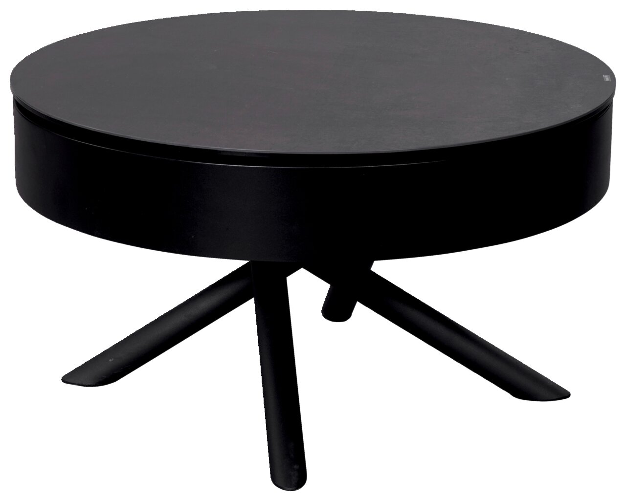 Runder schwarzer Couchtisch mit drei schrägen Beinen, seitliche Perspektive