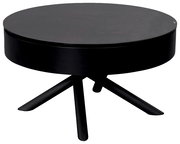 Runder schwarzer Couchtisch mit drei schrägen Beinen, seitliche Perspektive