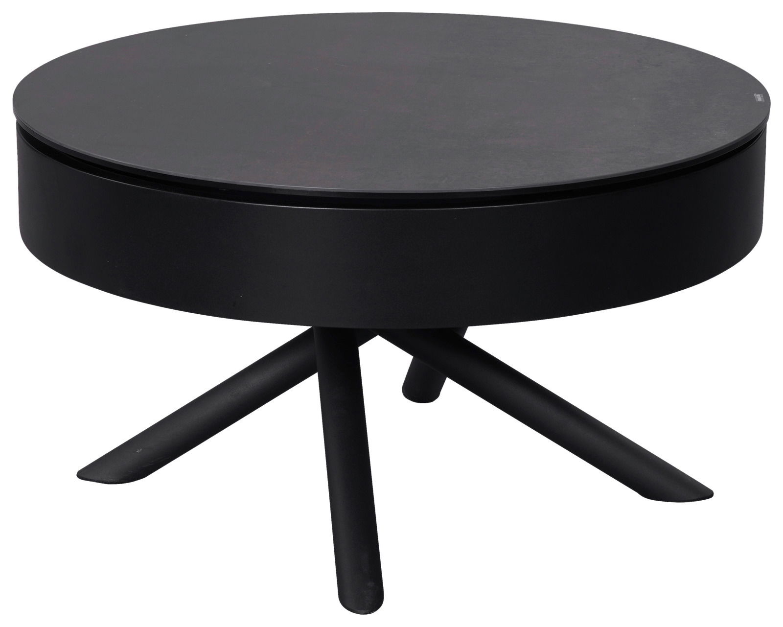Runder schwarzer Couchtisch mit drei schrägen Beinen, seitliche Perspektive