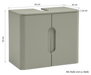 Grauer Waschbecken-Unterschrank mit zwei Türen und Aussparung für den Siphon, Maße ca. 61 x 35 x 53 cm, Frontansicht in leichter Schrägperspektive