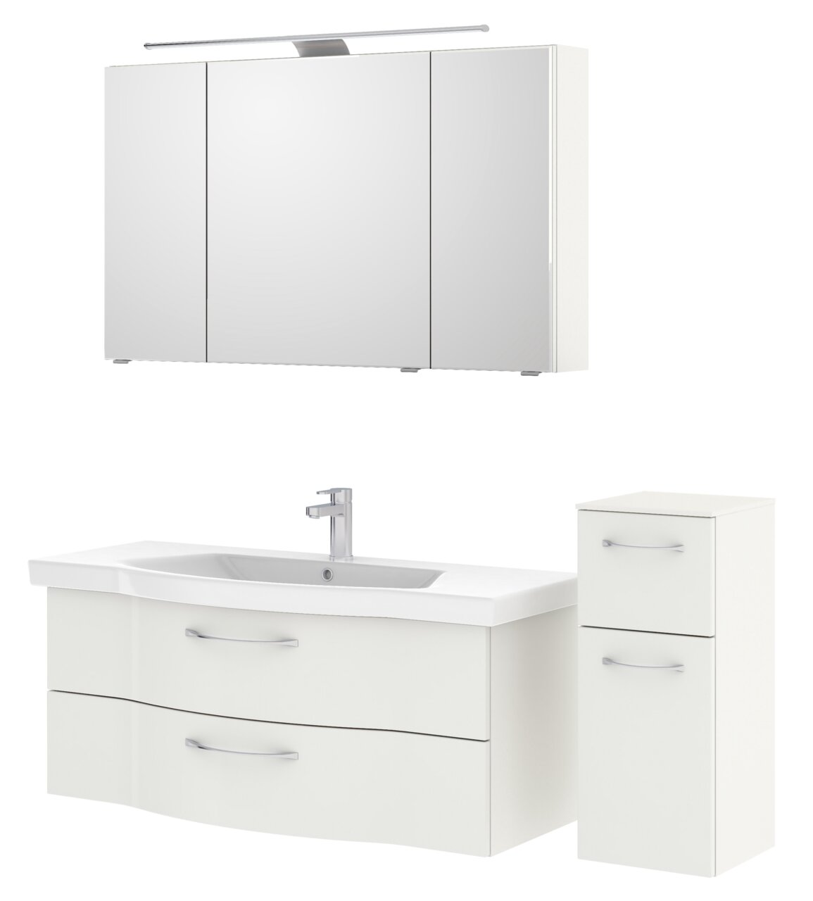 Pelipal Badblock SERIE 6005 SPRINT Badezimmermöbel-Set bestehend aus einem Spiegelschrank mit Beleuchtung, einem Waschbeckenunterschrank mit zwei Schubladen und einem hohen Schrank mit zwei Türen, frontal betrachtet.