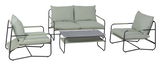 Loungegarnitur mit zwei Sesseln, einem Zweisitzer-Sofa und einem Tisch in seitlicher Perspektive, mit hellgrünen Kissen und schwarzem Metallrahmen.