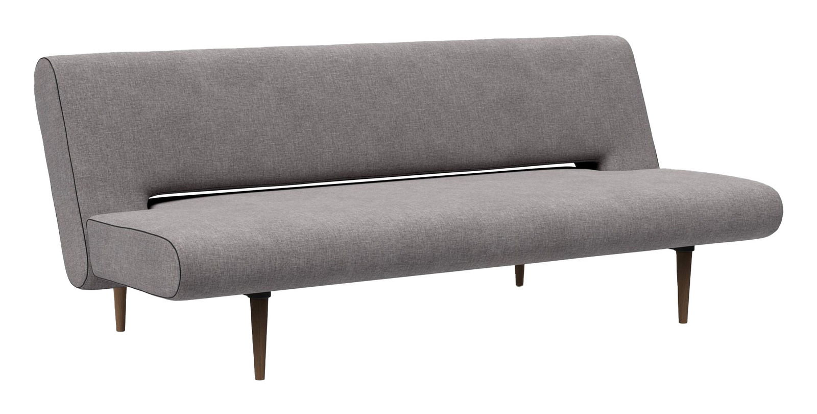 Graues Funktionssofa mit schlanken Holzbeinen, seitliche Perspektive