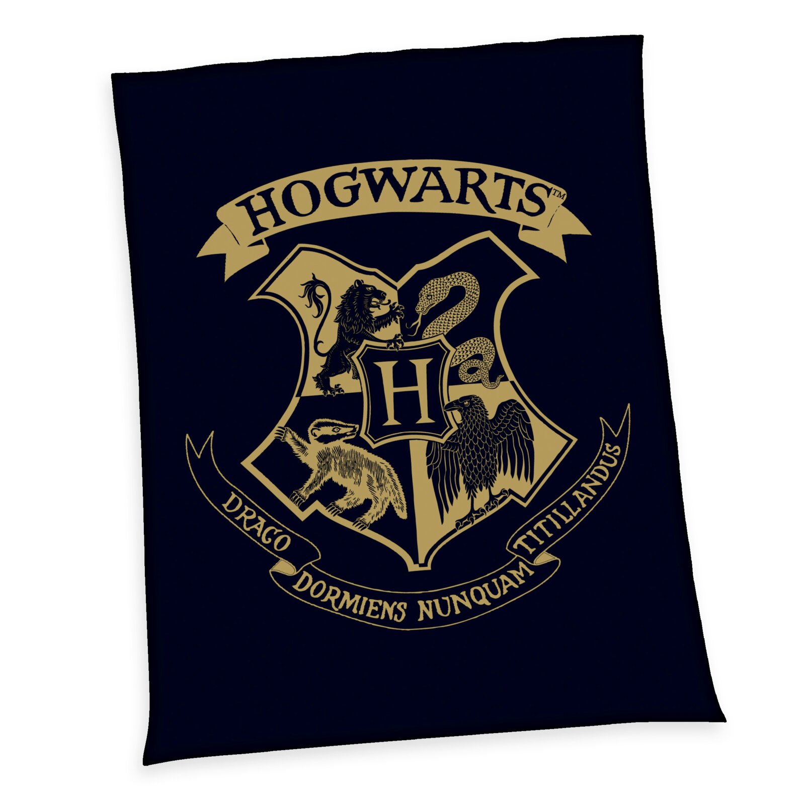Harry Potter Wellsoft-Flauschdecke 150x200cm HARRY POTTER Weiche Flauschdecke mit Hogwarts-Wappen in goldener Farbe auf schwarzem Hintergrund, Draufsicht