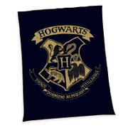 Zachte fleecedeken met het Hogwarts-wapen in goudkleur op een zwarte achtergrond, bovenaanzicht