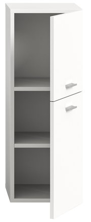 Weißer Badschrank mit zwei offenen Türen, zwei Regalböden und moderner Frontansicht.