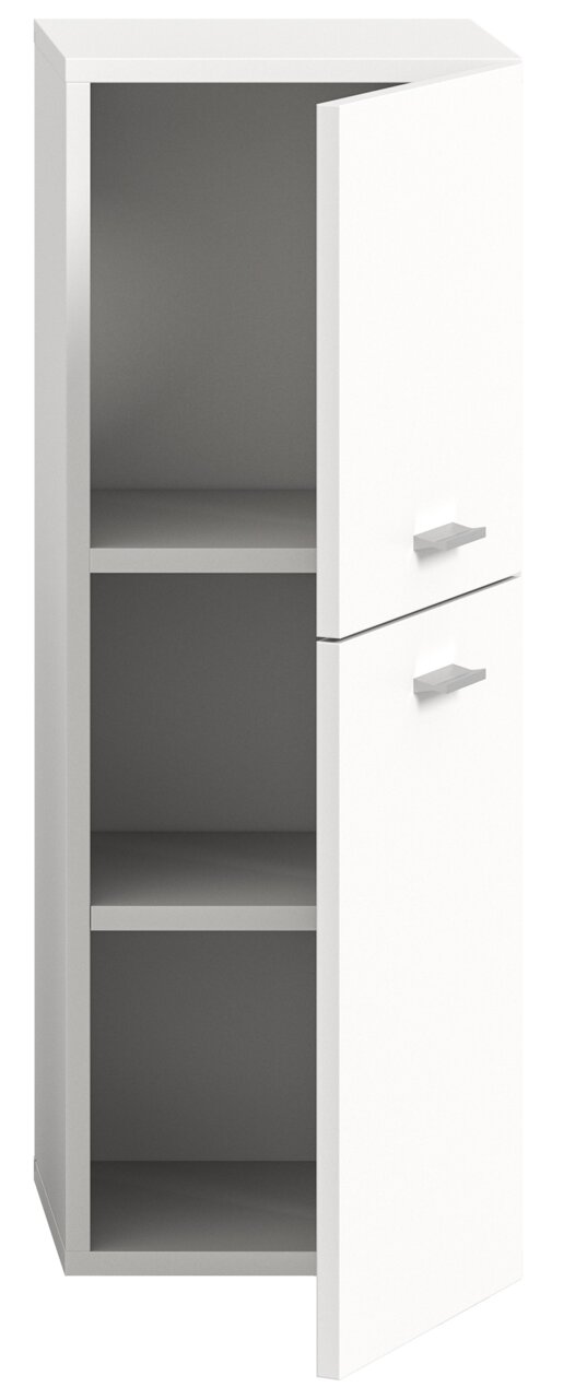Weißer Badschrank mit zwei offenen Türen, zwei Regalböden und moderner Frontansicht.
