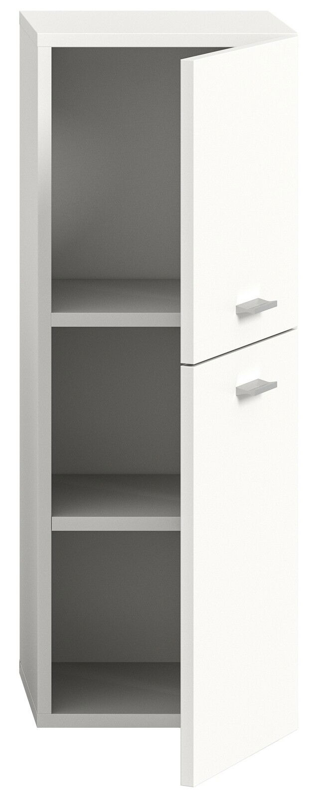 Weißer Badschrank mit zwei offenen Türen, zwei Regalböden und moderner Frontansicht.