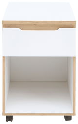 Rollcontainer mit einer Schublade und offenem Fach, aus hellem Holz und weißem Material, auf Rollen, Frontalansicht