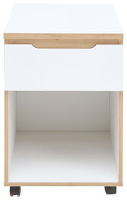Rollcontainer mit einer Schublade und offenem Fach, aus hellem Holz und weißem Material, auf Rollen, Frontalansicht