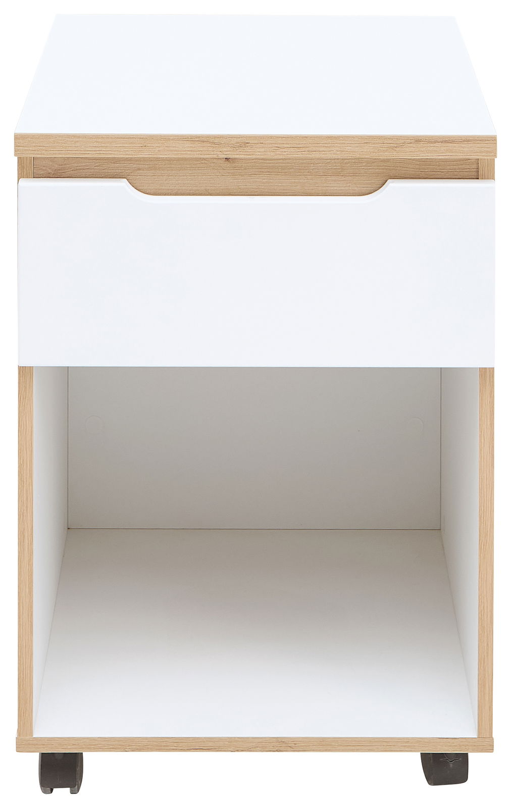 Rollcontainer mit einer Schublade und offenem Fach, aus hellem Holz und weißem Material, auf Rollen, Frontalansicht