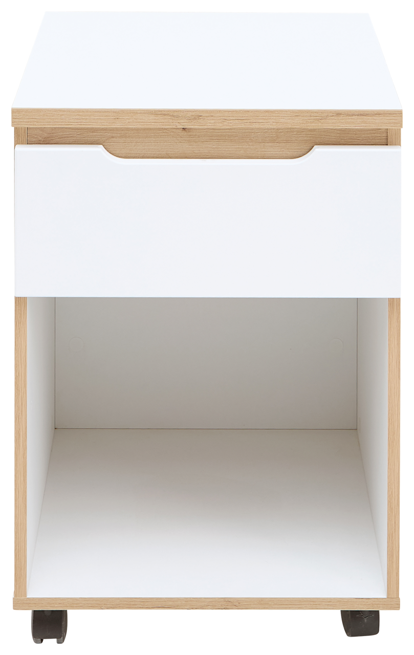 Rollcontainer mit einer Schublade und offenem Fach, aus hellem Holz und weißem Material, auf Rollen, Frontalansicht