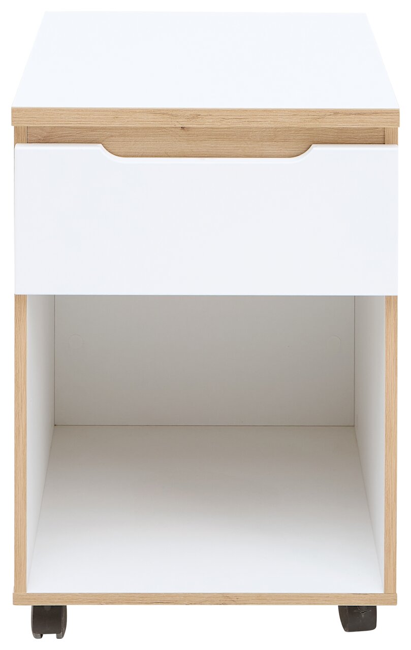 Rollcontainer mit einer Schublade und offenem Fach, aus hellem Holz und weißem Material, auf Rollen, Frontalansicht
