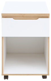 Rollcontainer mit einer Schublade und offenem Fach, aus hellem Holz und weißem Material, auf Rollen, Frontalansicht