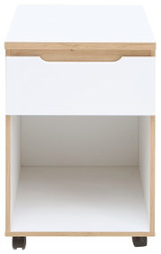 Rollcontainer mit einer Schublade und offenem Fach, aus hellem Holz und weißem Material, auf Rollen, Frontalansicht