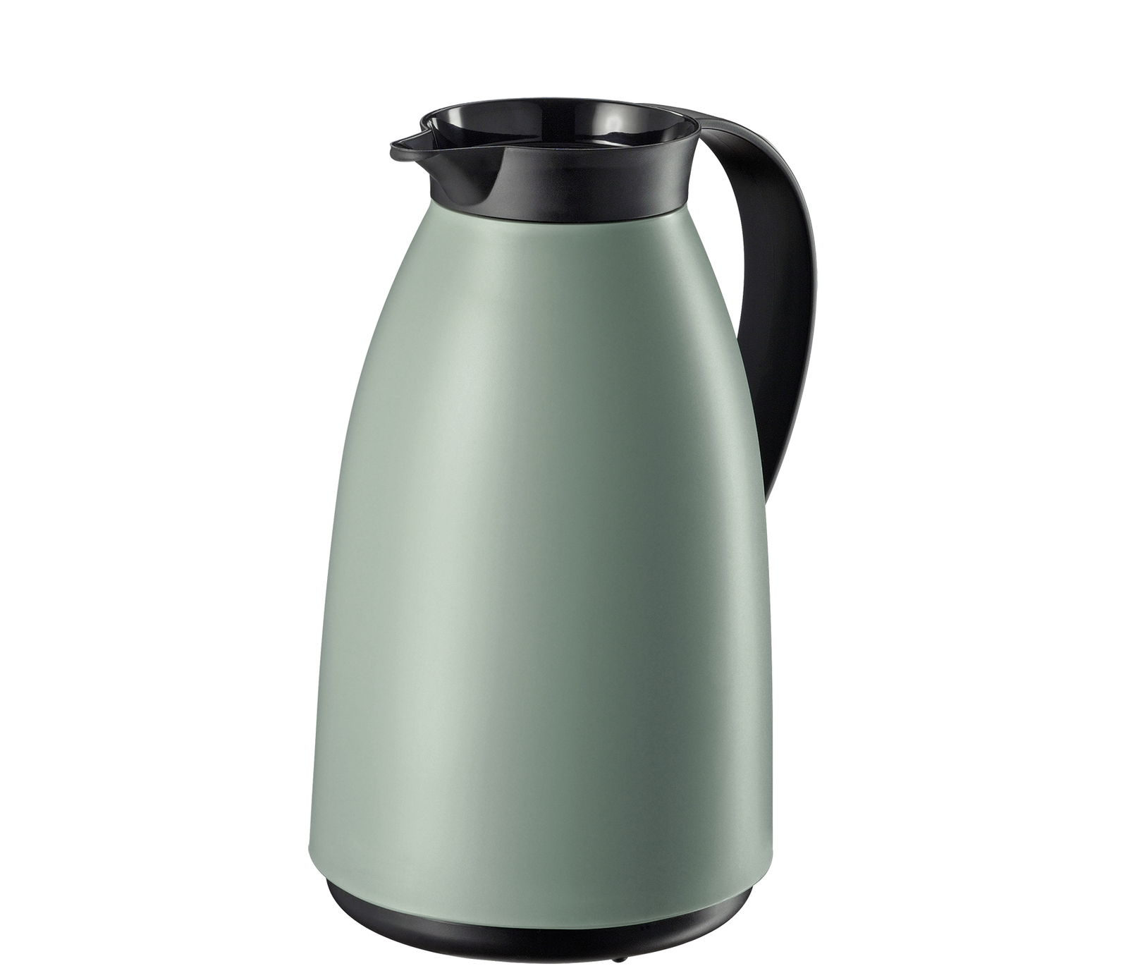Grüne matte Isolierkanne mit schwarzem Griff und Deckel, seitliche Perspektive